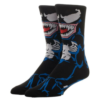 Crew socks in black and blue, featuring a full-body Venom graphic from Marvel comics.  The design wraps around the entire sock.