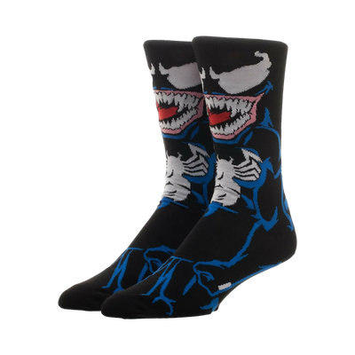 Crew socks in black and blue, featuring a full-body Venom graphic from Marvel comics.  The design wraps around the entire sock.