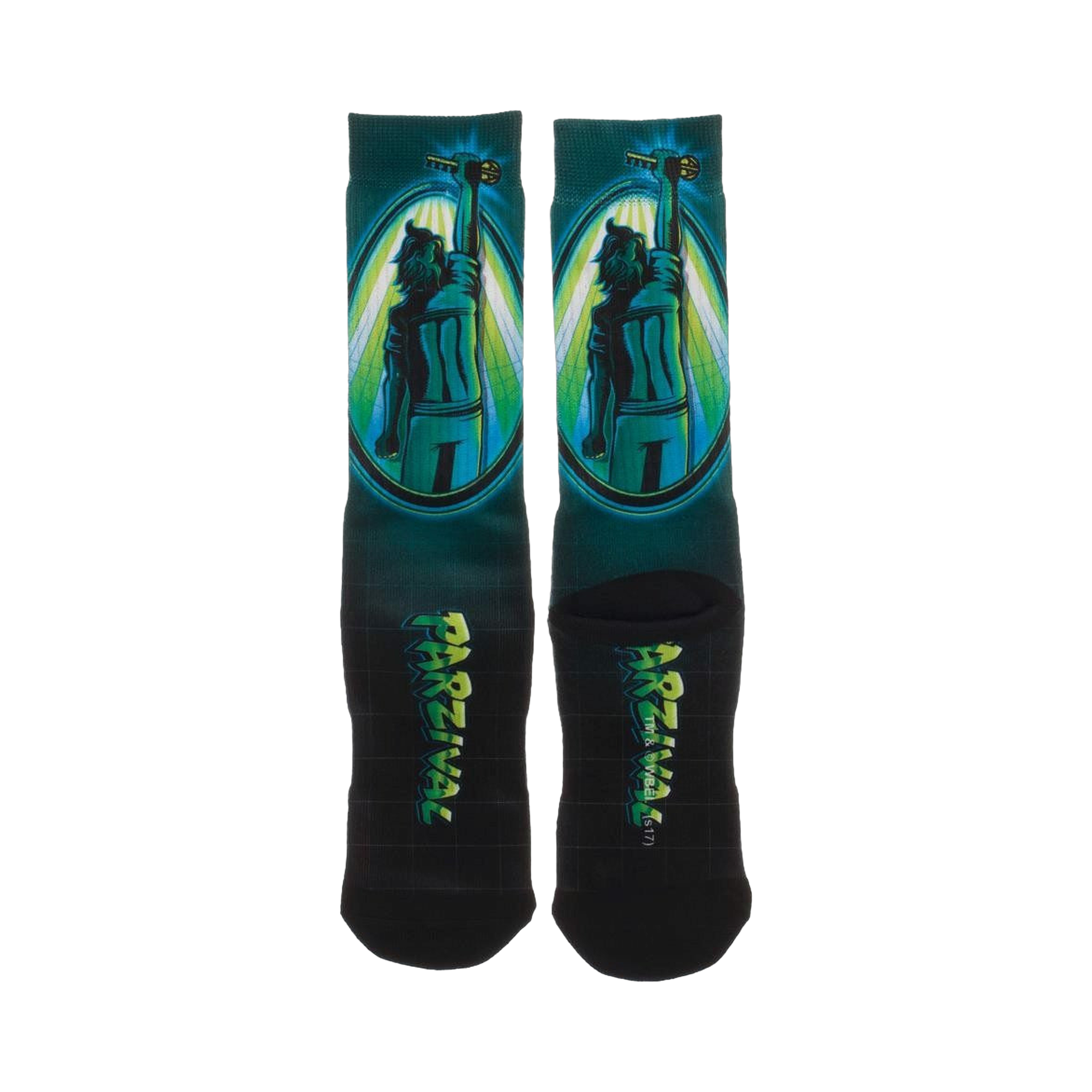 Back view of Ready Player One Parzival crew socks, showcasing the full design. Teal, green and black colors.