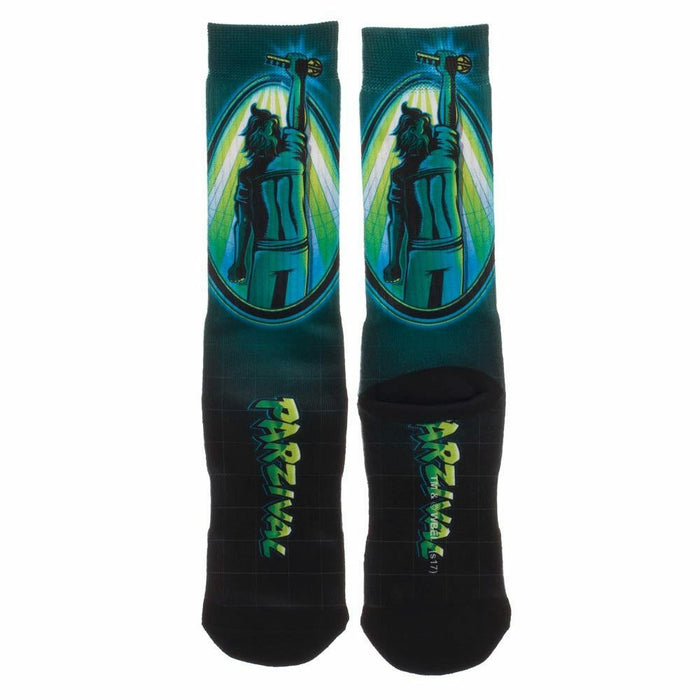 Back view of Ready Player One Parzival crew socks, showcasing the full design. Teal, green and black colors.