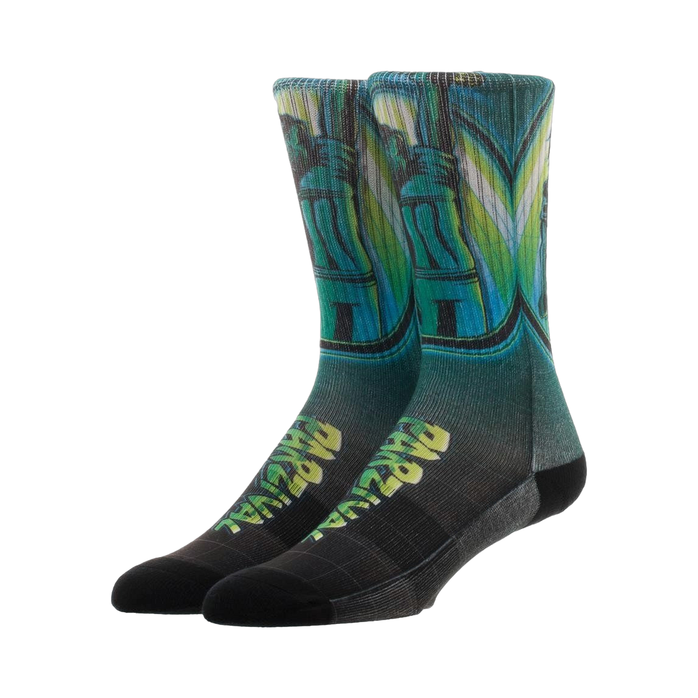 Pair of Ready Player One Parzival crew socks. Teal, green, and black design featuring Parzival artwork. Sublimated print.