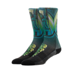 Pair of Ready Player One Parzival crew socks. Teal, green, and black design featuring Parzival artwork. Sublimated print.