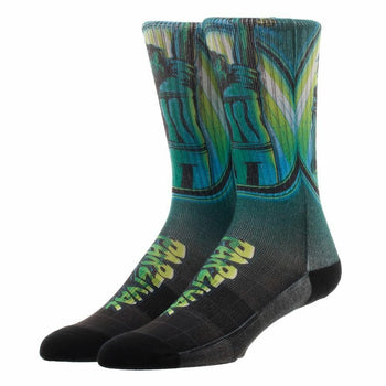 Pair of Ready Player One Parzival crew socks. Teal, green, and black design featuring Parzival artwork. Sublimated print.