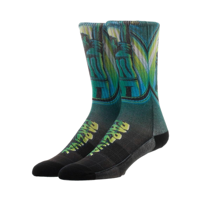 Pair of Ready Player One Parzival crew socks. Teal, green, and black design featuring Parzival artwork. Sublimated print.