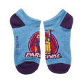 Close-up of a single Ready Player One ankle sock with Parzival design. Light blue with purple heel and toe, and a circular graphic.