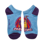 Close-up of a single Ready Player One ankle sock with Parzival design. Light blue with purple heel and toe, and a circular graphic.
