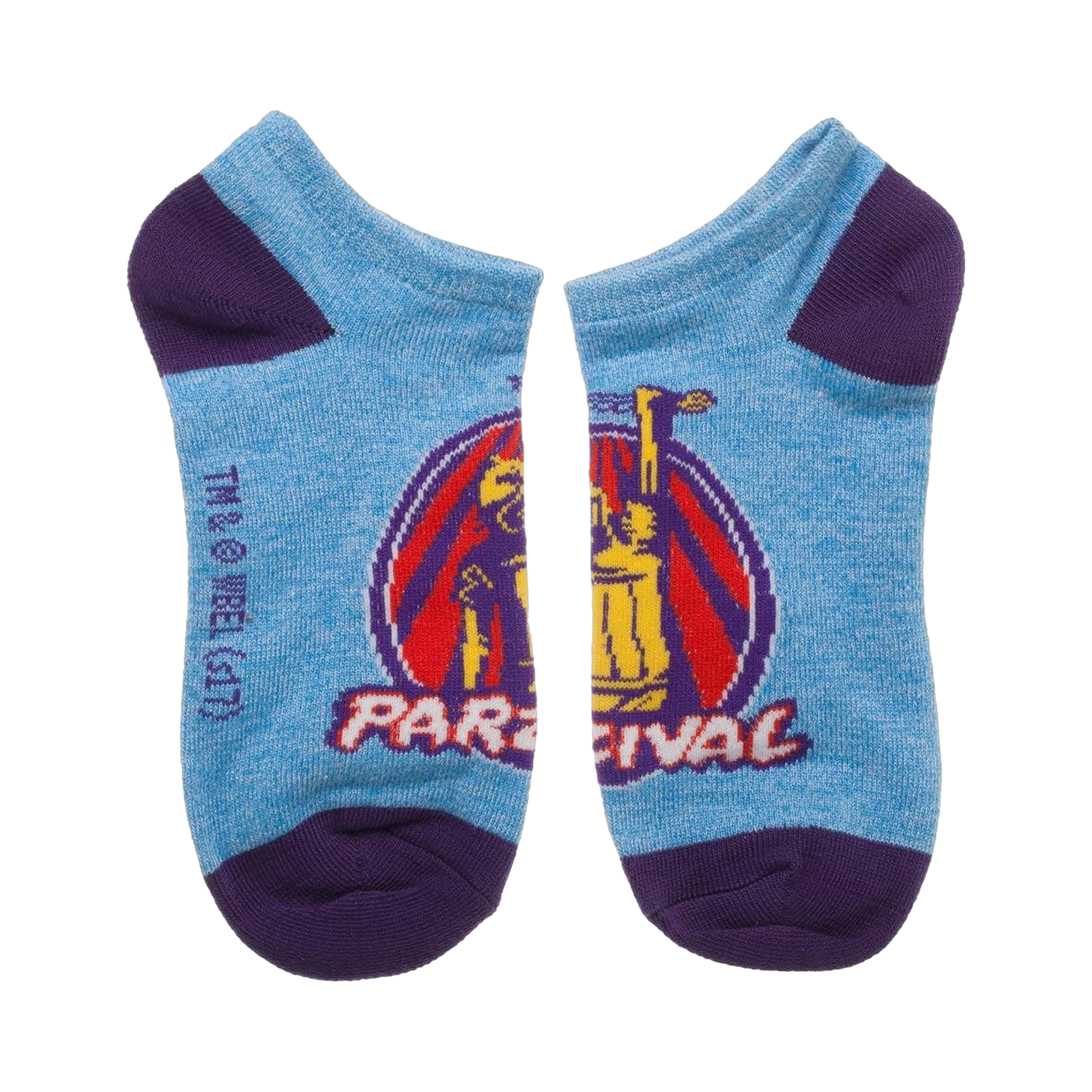 Close-up of a single Ready Player One ankle sock with Parzival design. Light blue with purple heel and toe, and a circular graphic.