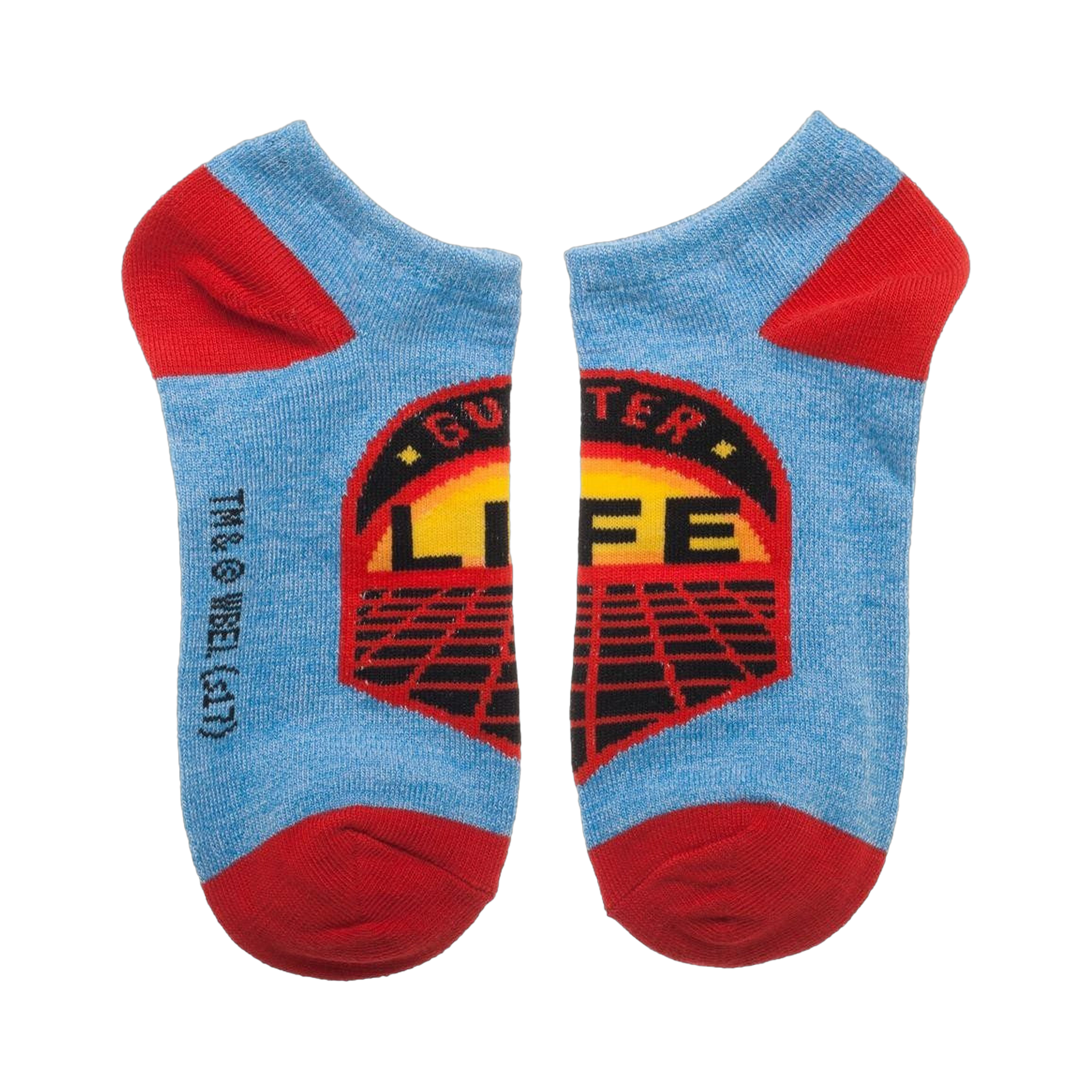 Ready Player One ankle sock displaying the 'Gunter' design. Light blue sock with red heel and toe, and a circular graphic.