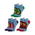 Ready Player One 3-pack ankle socks. Light blue socks with purple, green, and red accents, featuring game-inspired designs.
