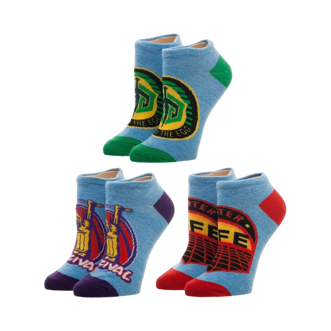 Ready Player One 3-pack ankle socks. Light blue socks with purple, green, and red accents, featuring game-inspired designs.