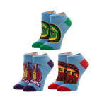 Ready Player One 3-pack ankle socks. Light blue socks with purple, green, and red accents, featuring game-inspired designs.