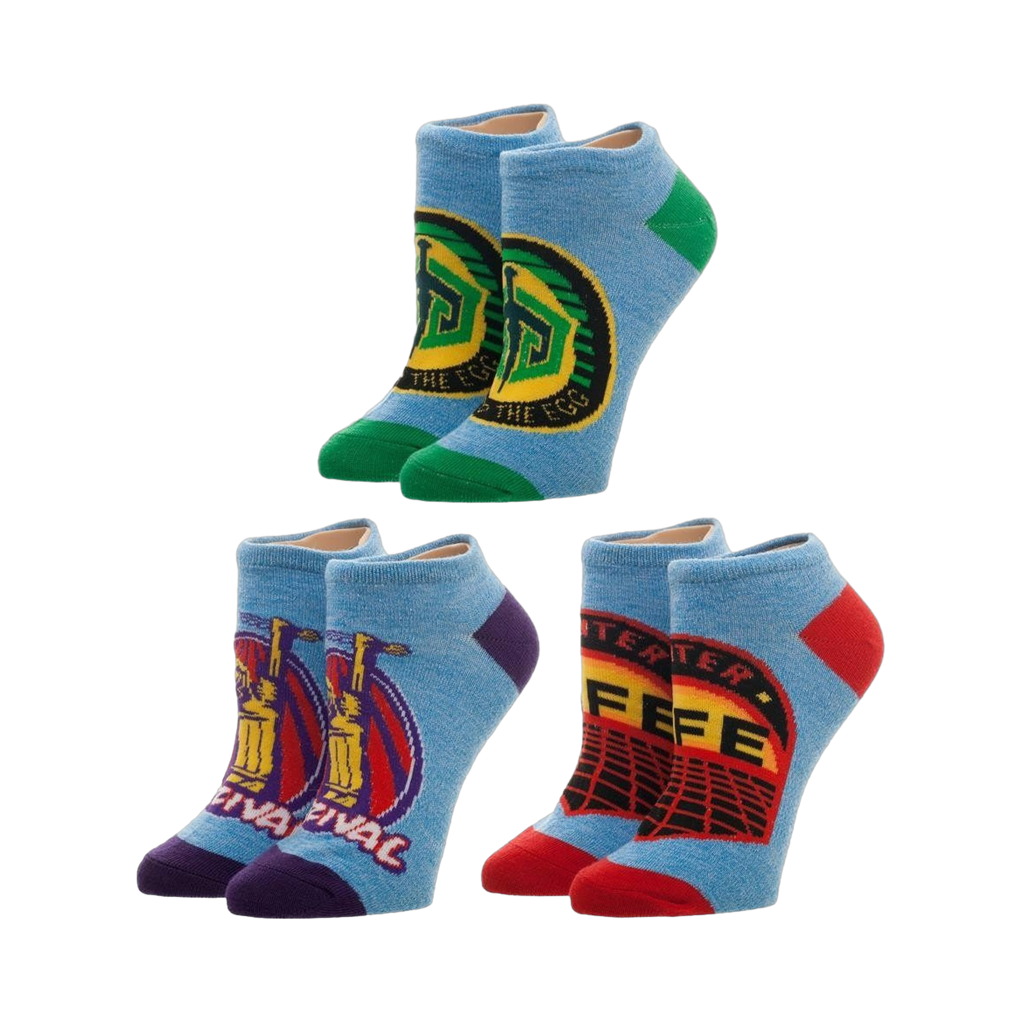 Ready Player One 3-pack ankle socks. Light blue socks with purple, green, and red accents, featuring game-inspired designs.