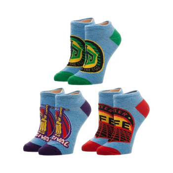 Ready Player One 3-pack ankle socks. Light blue socks with purple, green, and red accents, featuring game-inspired designs.