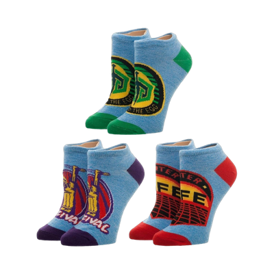 Ready Player One 3-pack ankle socks. Light blue socks with purple, green, and red accents, featuring game-inspired designs.