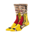 Crew socks featuring a colorful illustration of Blanche Devereaux from the Golden Girls.  Yellow, red, and beige are prominent colors.