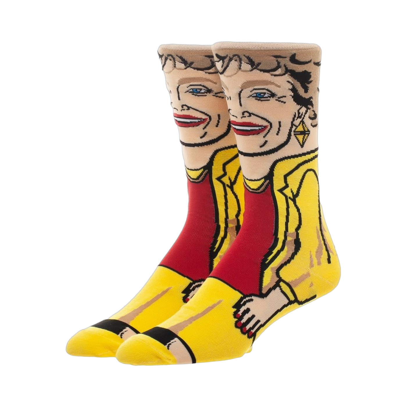 Crew socks featuring a colorful illustration of Blanche Devereaux from the Golden Girls.  Yellow, red, and beige are prominent colors.