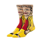Crew socks featuring a colorful illustration of Blanche Devereaux from the Golden Girls.  Yellow, red, and beige are prominent colors.