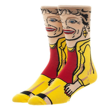Crew socks featuring a colorful illustration of Blanche Devereaux from the Golden Girls.  Yellow, red, and beige are prominent colors.