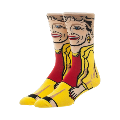 Crew socks featuring a colorful illustration of Blanche Devereaux from the Golden Girls.  Yellow, red, and beige are prominent colors.