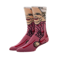 Pair of crew socks featuring a cartoon illustration of Rose Nylund from the Golden Girls in a pink robe.  Main colors are pink, white, and red.