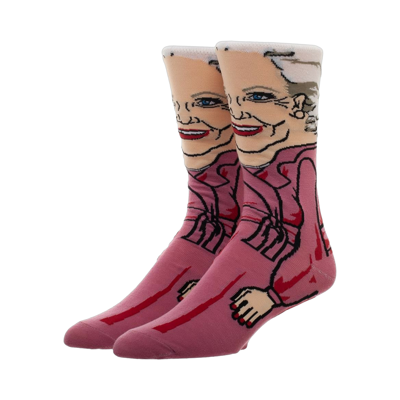 Pair of crew socks featuring a cartoon illustration of Rose Nylund from the Golden Girls in a pink robe.  Main colors are pink, white, and red.