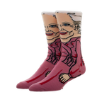 Pair of crew socks featuring a cartoon illustration of Rose Nylund from the Golden Girls in a pink robe.  Main colors are pink, white, and red.