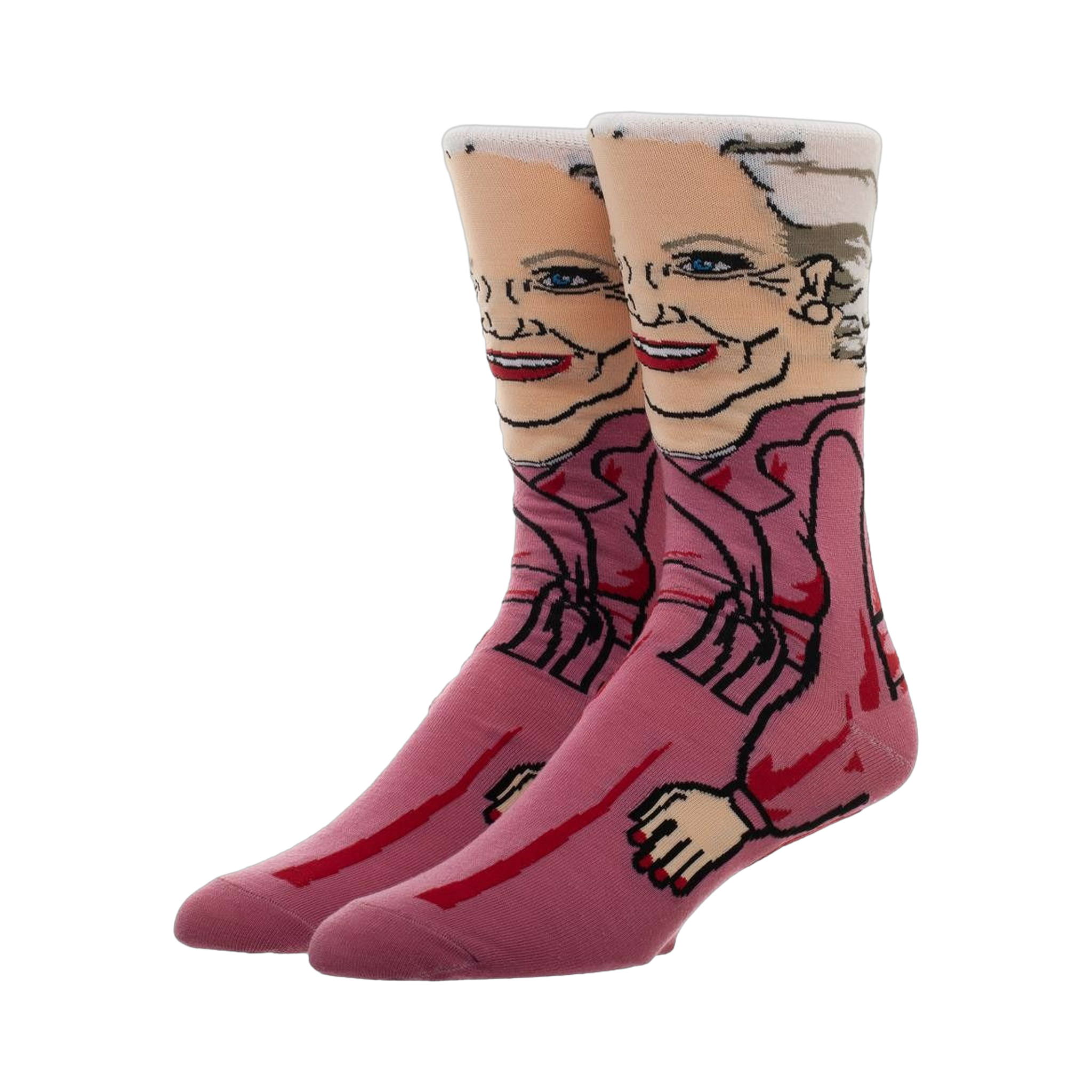 Pair of crew socks featuring a cartoon illustration of Rose Nylund from the Golden Girls in a pink robe.  Main colors are pink, white, and red.