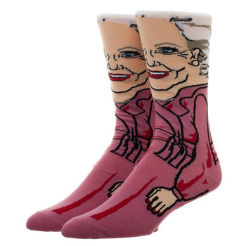 Pair of crew socks featuring a cartoon illustration of Rose Nylund from the Golden Girls in a pink robe.  Main colors are pink, white, and red.
