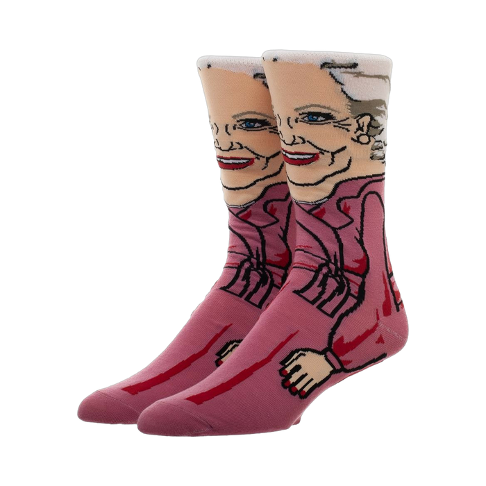 Pair of crew socks featuring a cartoon illustration of Rose Nylund from the Golden Girls in a pink robe.  Main colors are pink, white, and red.
