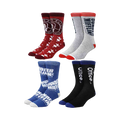 Flat lay showcasing four pairs of The Office crew socks; two pairs are red and gray with Dunder Mifflin logos, while the other two are blue and black with Dunder Mifflin and Office U.S.A. designs.