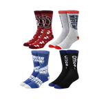Flat lay showcasing four pairs of The Office crew socks; two pairs are red and gray with Dunder Mifflin logos, while the other two are blue and black with Dunder Mifflin and Office U.S.A. designs.
