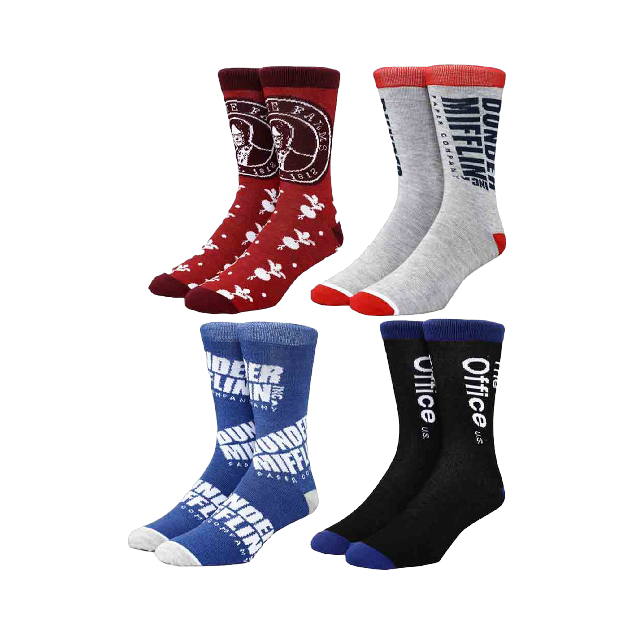 Flat lay showcasing four pairs of The Office crew socks; two pairs are red and gray with Dunder Mifflin logos, while the other two are blue and black with Dunder Mifflin and Office U.S.A. designs.