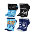 Four pairs of The Office ankle socks; blue and black socks have quotes/logos, while grey and blue ones feature pretzels and employee of the month.
