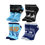 Four pairs of The Office ankle socks; blue and black socks have quotes/logos, while grey and blue ones feature pretzels and employee of the month.