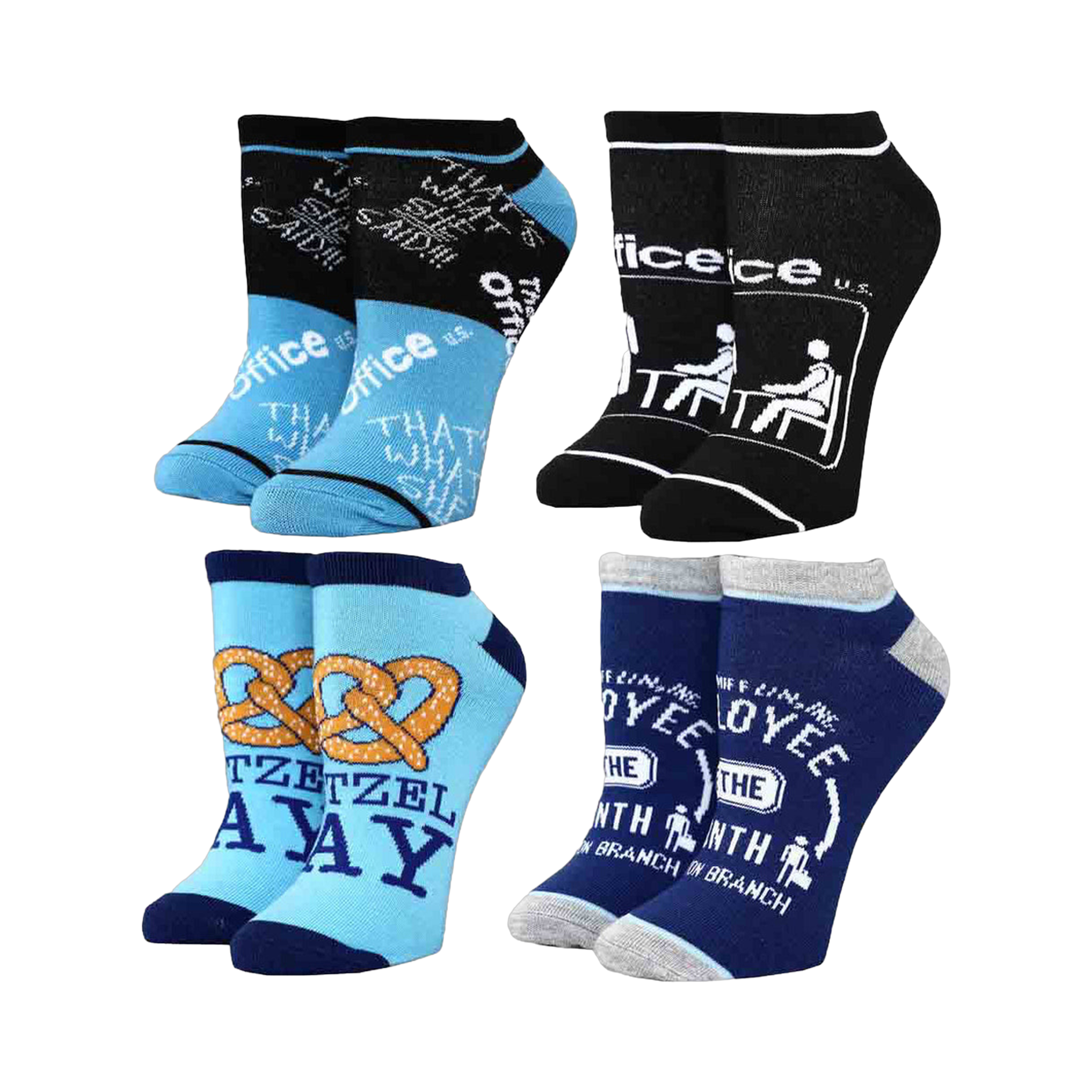 Four pairs of The Office ankle socks; blue and black socks have quotes/logos, while grey and blue ones feature pretzels and employee of the month.