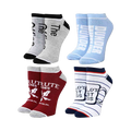 Another set of four pairs of The Office ankle socks in light blue, gray, and burgundy, featuring different phrases and logos from the show.