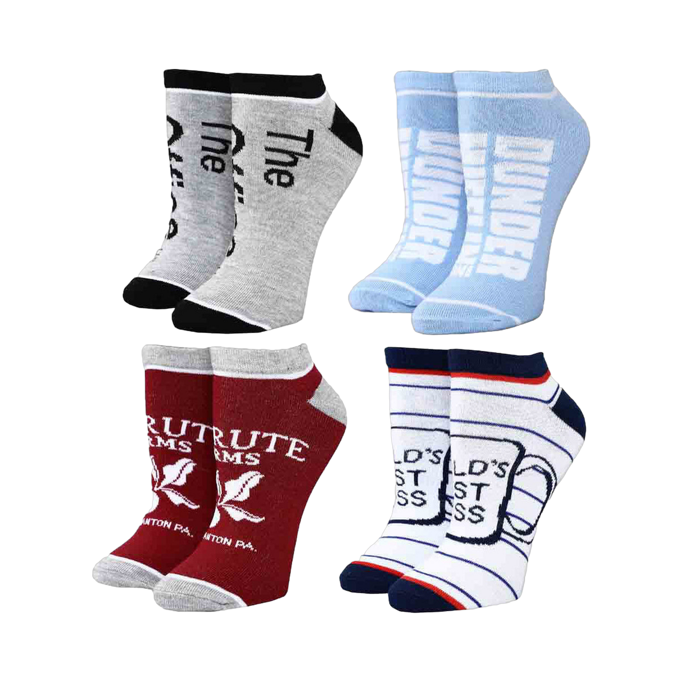Another set of four pairs of The Office ankle socks in light blue, gray, and burgundy, featuring different phrases and logos from the show.