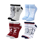 Another set of four pairs of The Office ankle socks in light blue, gray, and burgundy, featuring different phrases and logos from the show.
