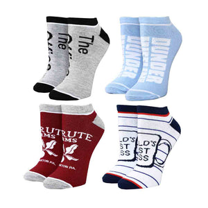 Four pairs of The Office themed socks. The first pair is gray with black lettering and a black toe and heel. The lettering says 