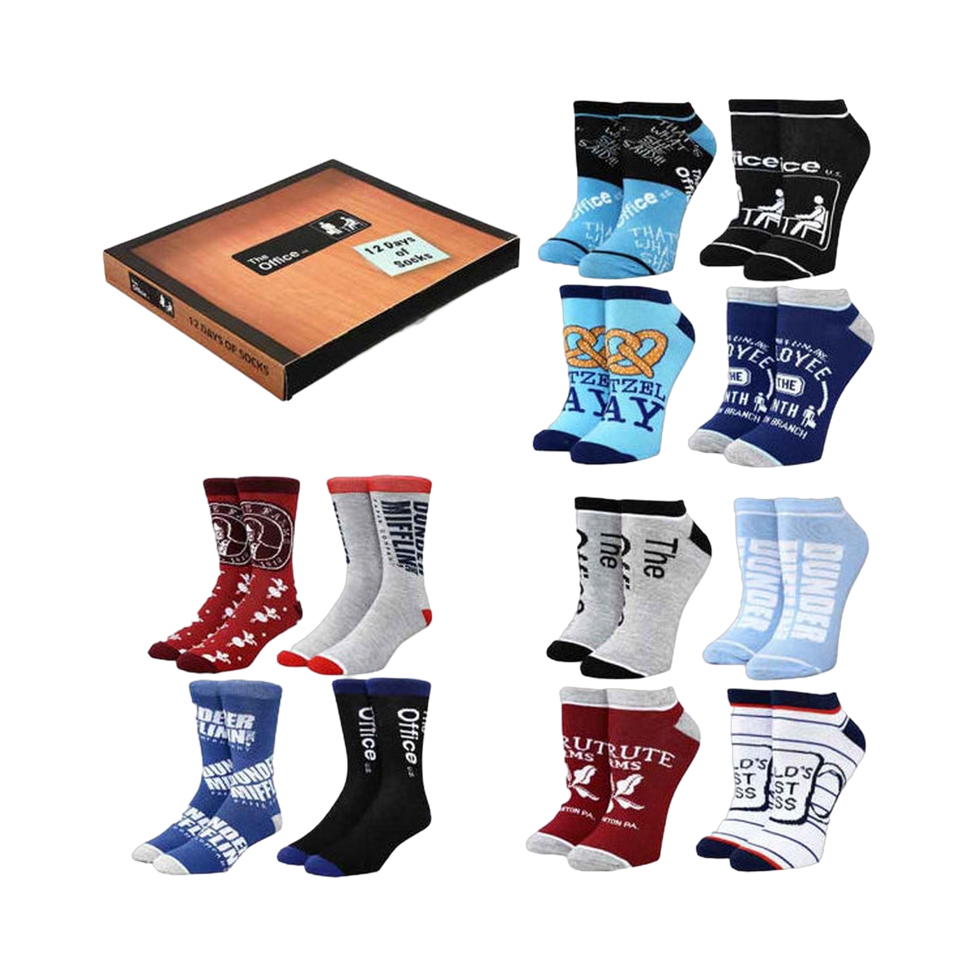 Product shot of The Office 12 Days of Socks Box Set. Features crew and ankle socks in red, gray, blue, and black with The Office logos and quotes.