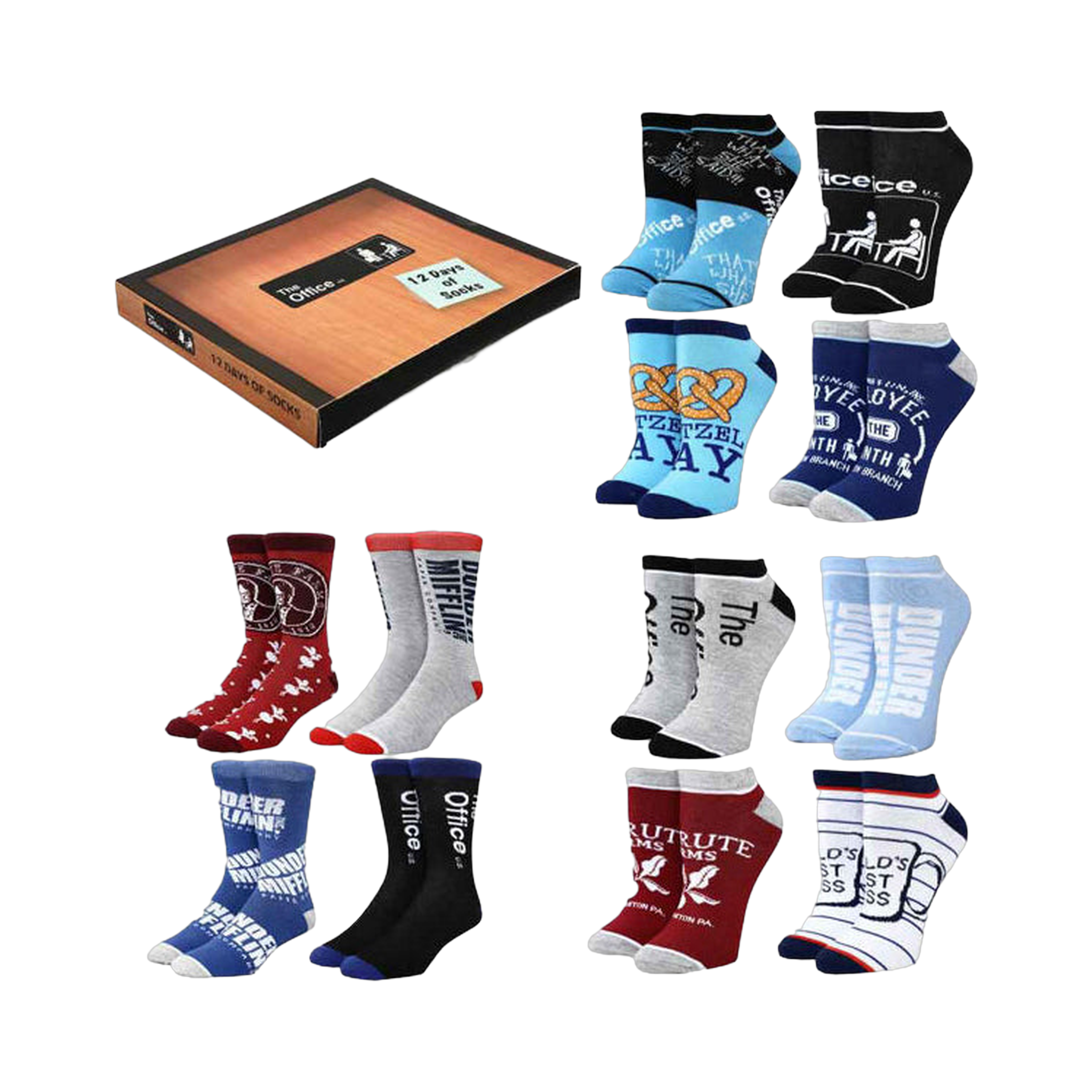 Product shot of The Office 12 Days of Socks Box Set. Features crew and ankle socks in red, gray, blue, and black with The Office logos and quotes.