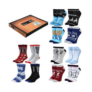 12-pair sock set for men features the office-themed images and text.   