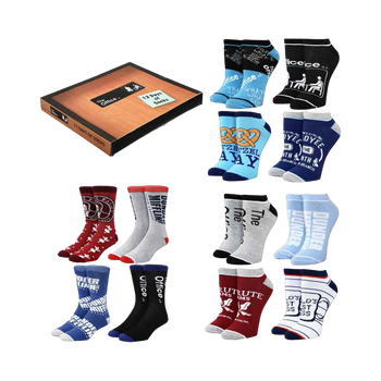Product shot of The Office 12 Days of Socks Box Set. Features crew and ankle socks in red, gray, blue, and black with The Office logos and quotes.