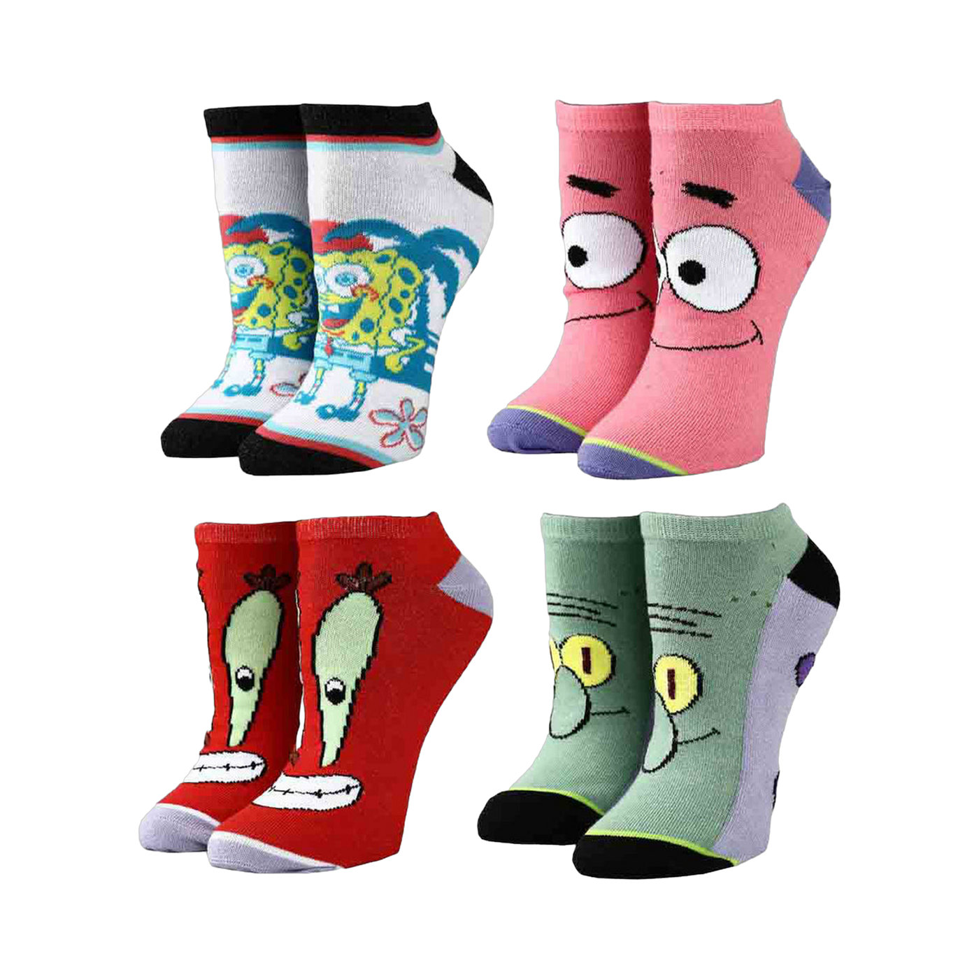 Four pairs of SpongeBob-themed ankle socks: SpongeBob, Patrick, Mr. Krabs and Squidward; each sock shows a character's face.