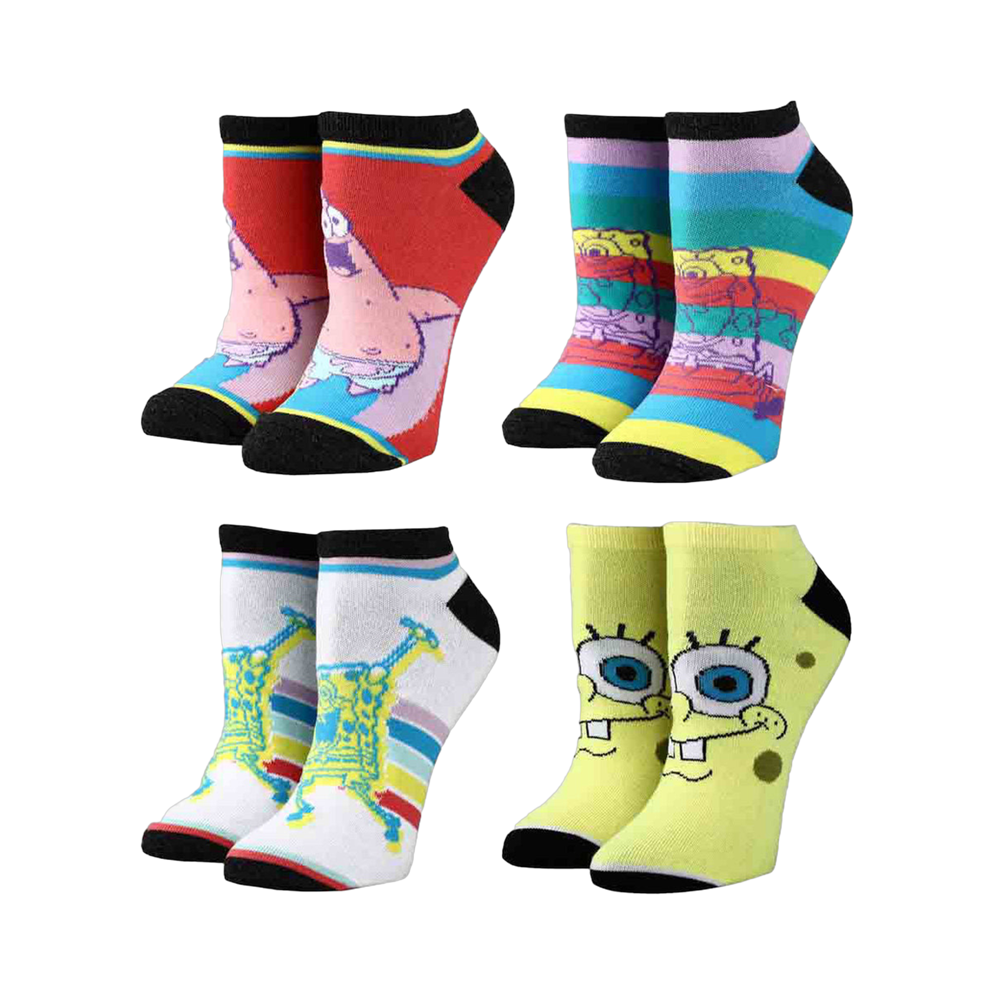 Four more pairs of SpongeBob ankle socks showcasing various designs: stripes, and character images.