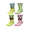 Four pairs of crew socks featuring SpongeBob and Patrick in different scenes and colors.