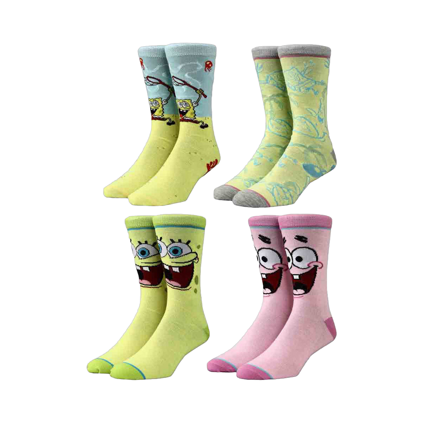 Four pairs of crew socks featuring SpongeBob and Patrick in different scenes and colors.