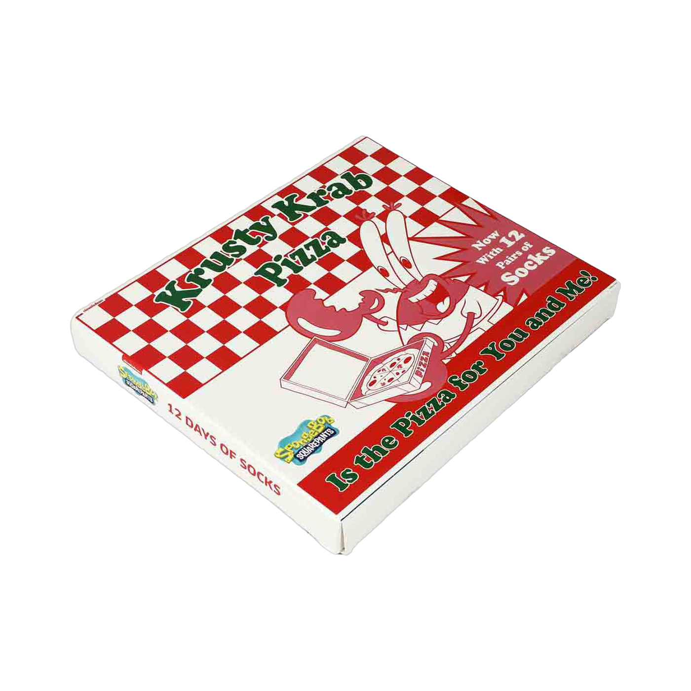 Image of the 'Krusty Krab Pizza' box containing the twelve pairs of socks.