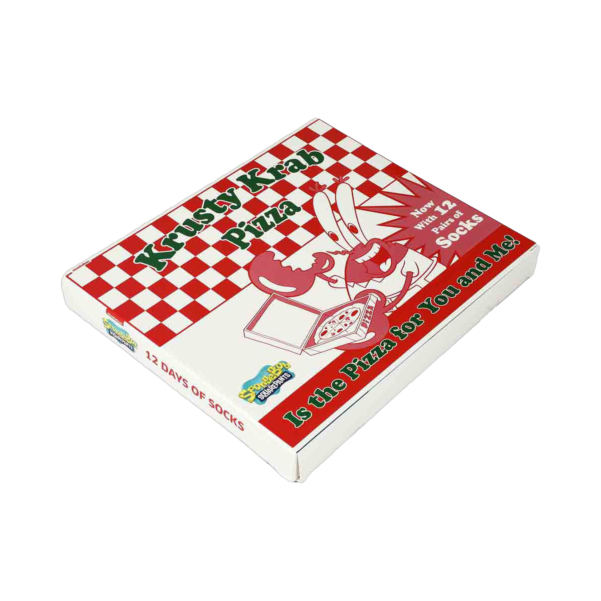 Image of the 'Krusty Krab Pizza' box containing the twelve pairs of socks.