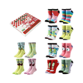 Product shot of twelve pairs of SpongeBob SquarePants socks in a box.  Ankle and crew socks feature various characters and colors.